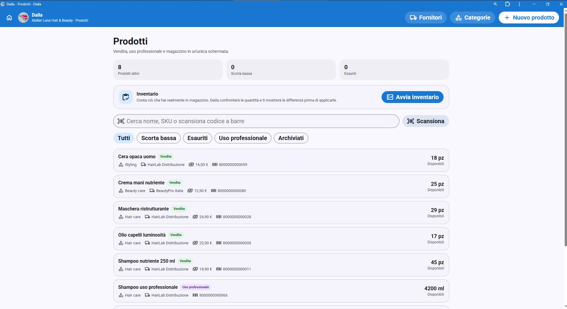Magazzino prodotti Daila con inventario, fornitori e quantità disponibili